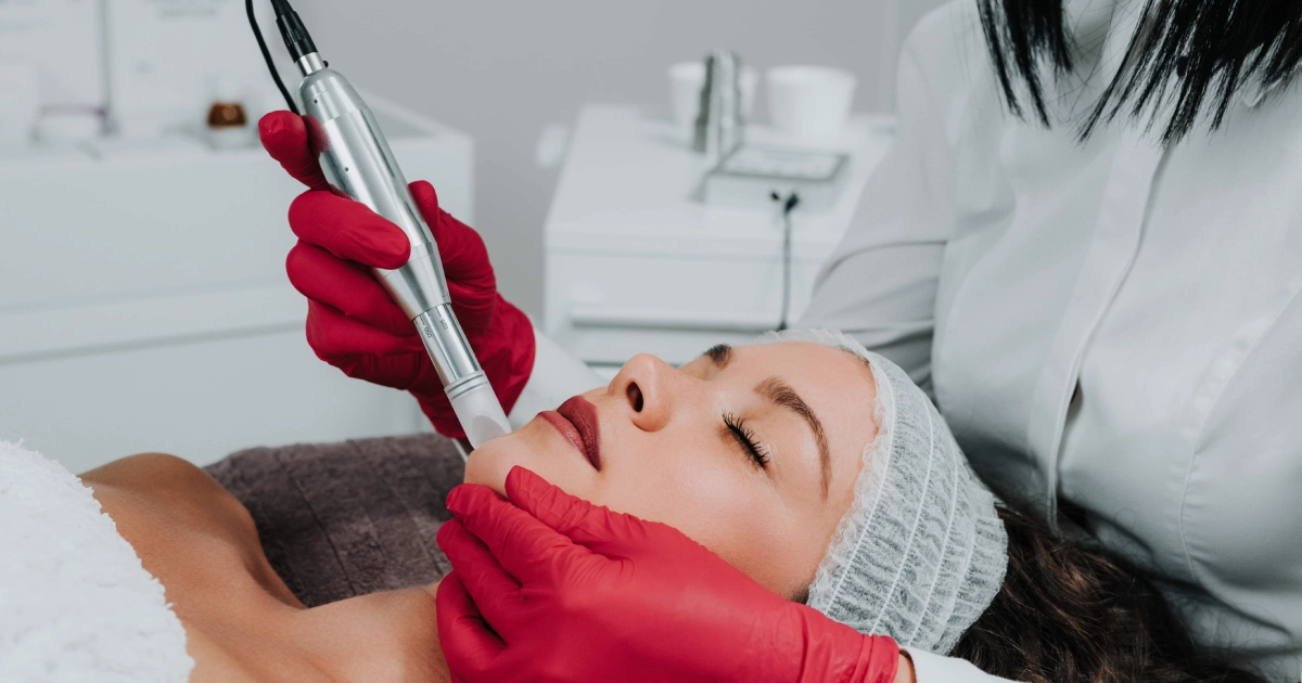 Provider in red gloves performing Microneedling Denville, NJ on a woman with eyes closed.