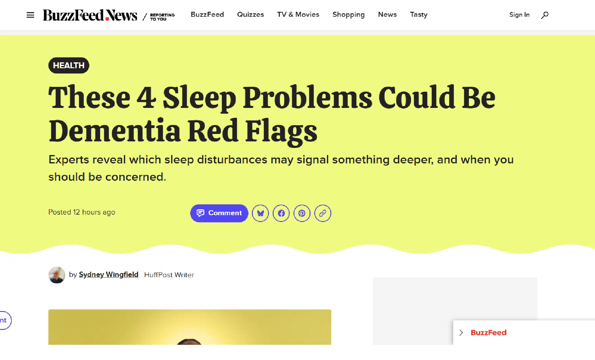 BuzzFeed News article titled "These 4 Sleep Problems Could Be Dementia Red Flags" with a lime green background.