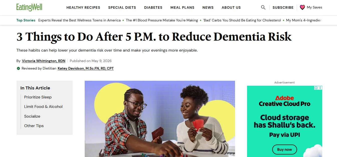 EatingWell article titled "3 Things to Do After 5 P.M. to Reduce Dementia Risk" featuring an image of a man and a woman sitting together.