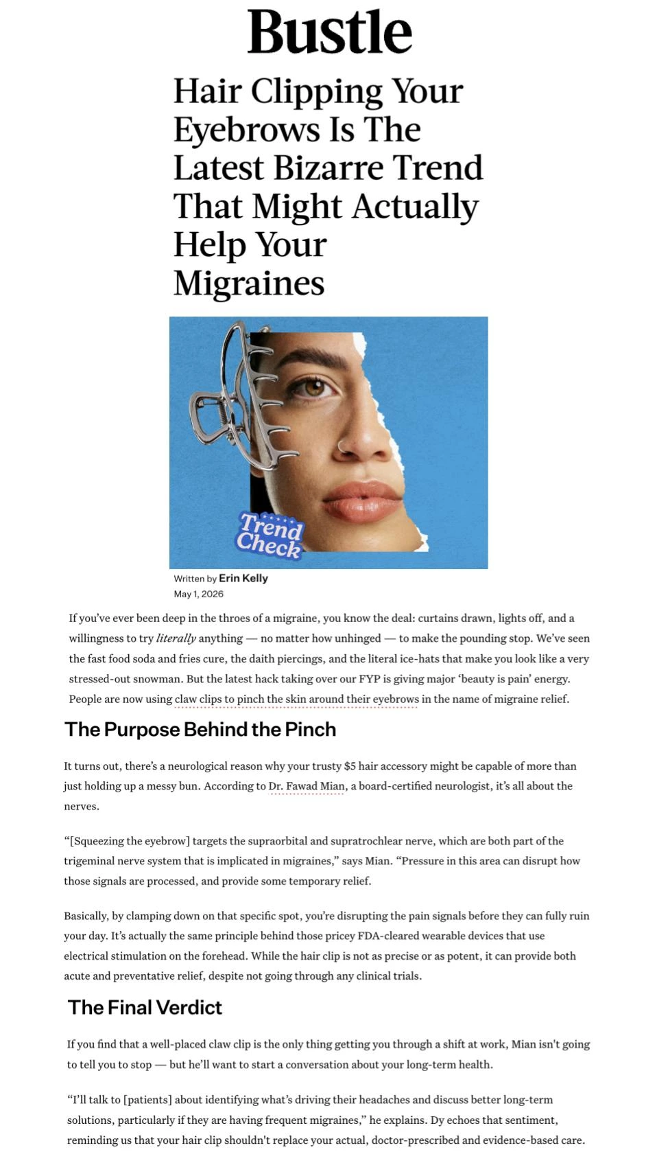 Bustle article titled "Hair Clipping Your Eyebrows Is The Latest Bizarre Trend That Might Actually Help Your Migraines."