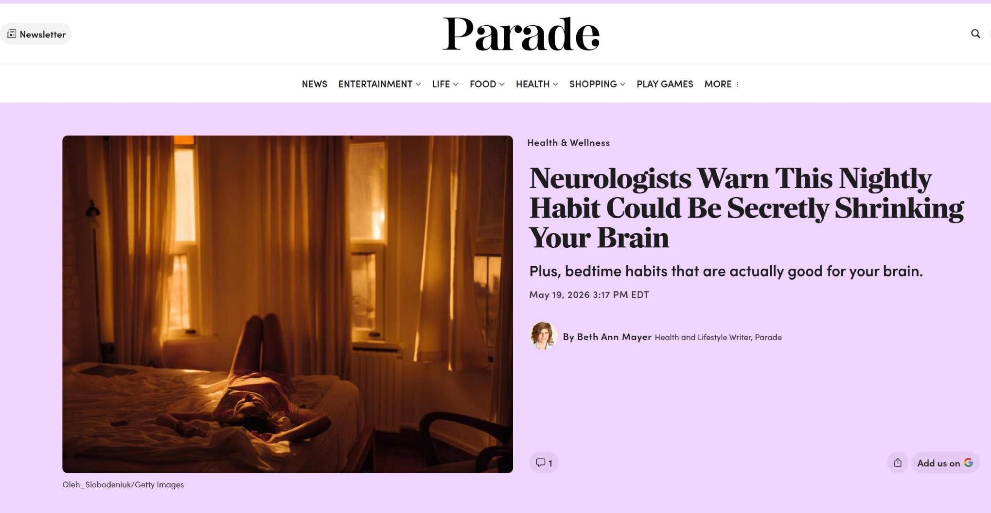Parade article titled "Neurologists Warn This Nightly Habit Could Be Secretly Shrinking Your Brain," featuring an image of a person lying in bed.