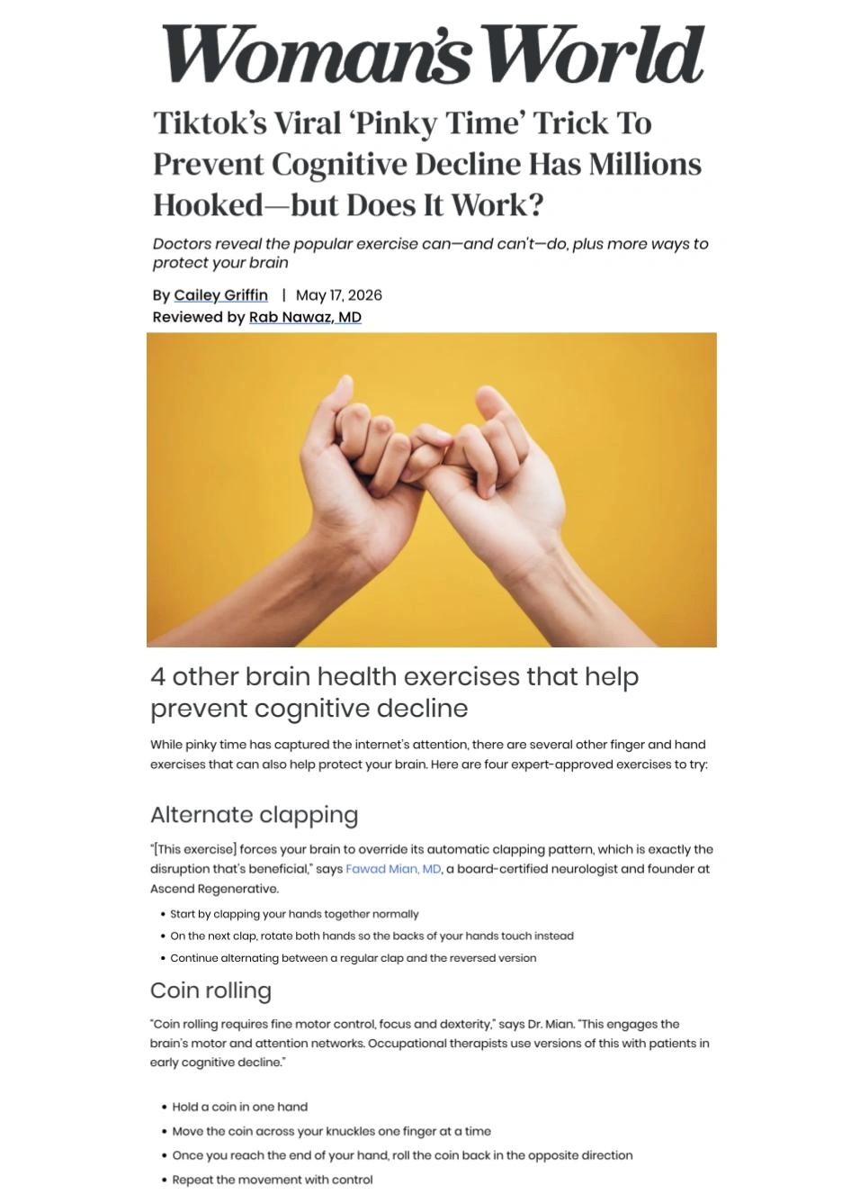Woman's World article titled "TikTok's Viral 'Pinky Time' Trick To Prevent Cognitive Decline Has Millions Hooked—but Does It Work?" featuring a photo of a person's hands.