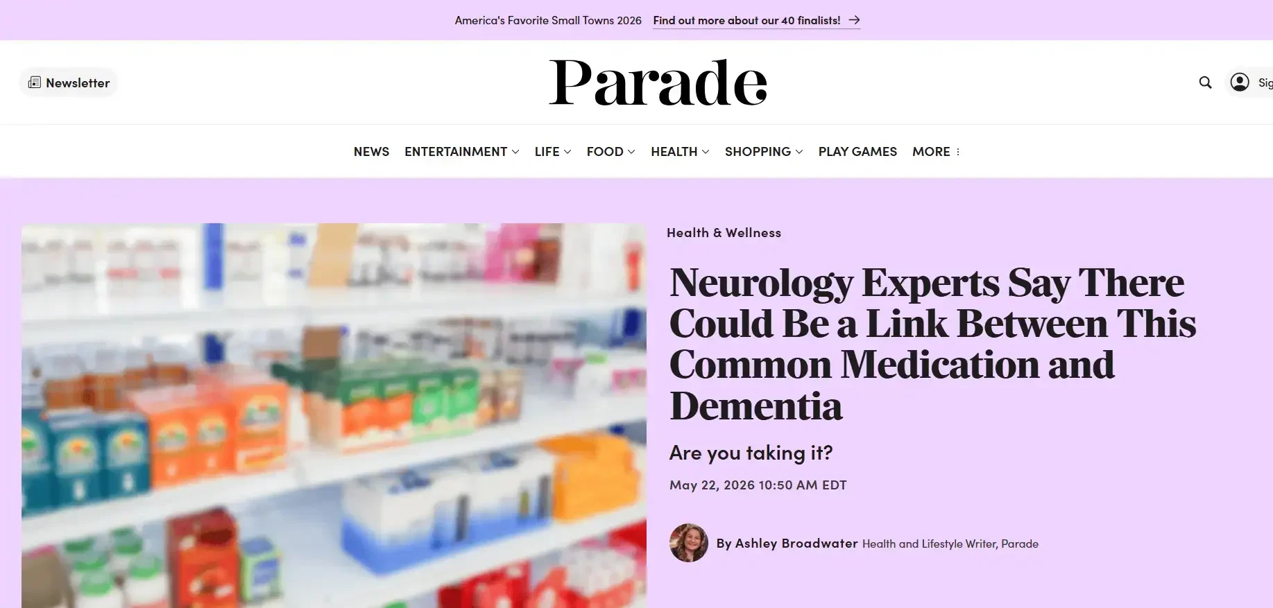 Parade magazine article titled "Neurology Experts Say There Could Be a Link Between This Common Medication and Dementia" featuring Ashley Broadwater.
