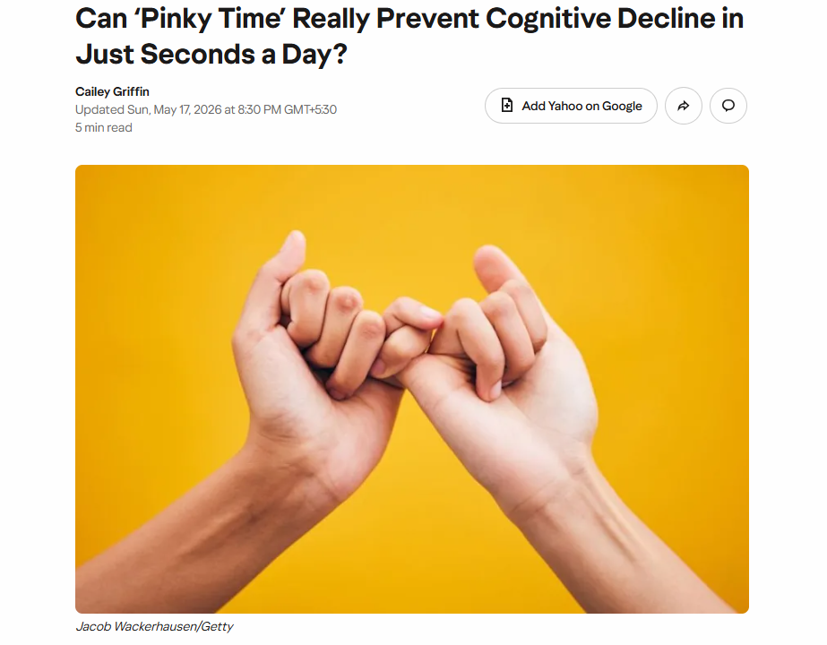Article titled Can 'Pinky Time' Really Prevent Cognitive Decline in Just Seconds a Day? featuring two hands making a pinky promise against a yellow background