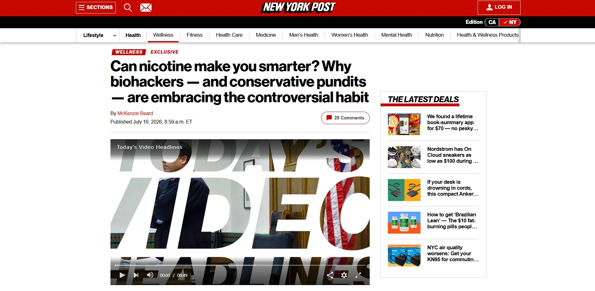New York Post article titled Can nicotine make you smarter? Why biohackers — and conservative pundits — are embracing the controversial habit