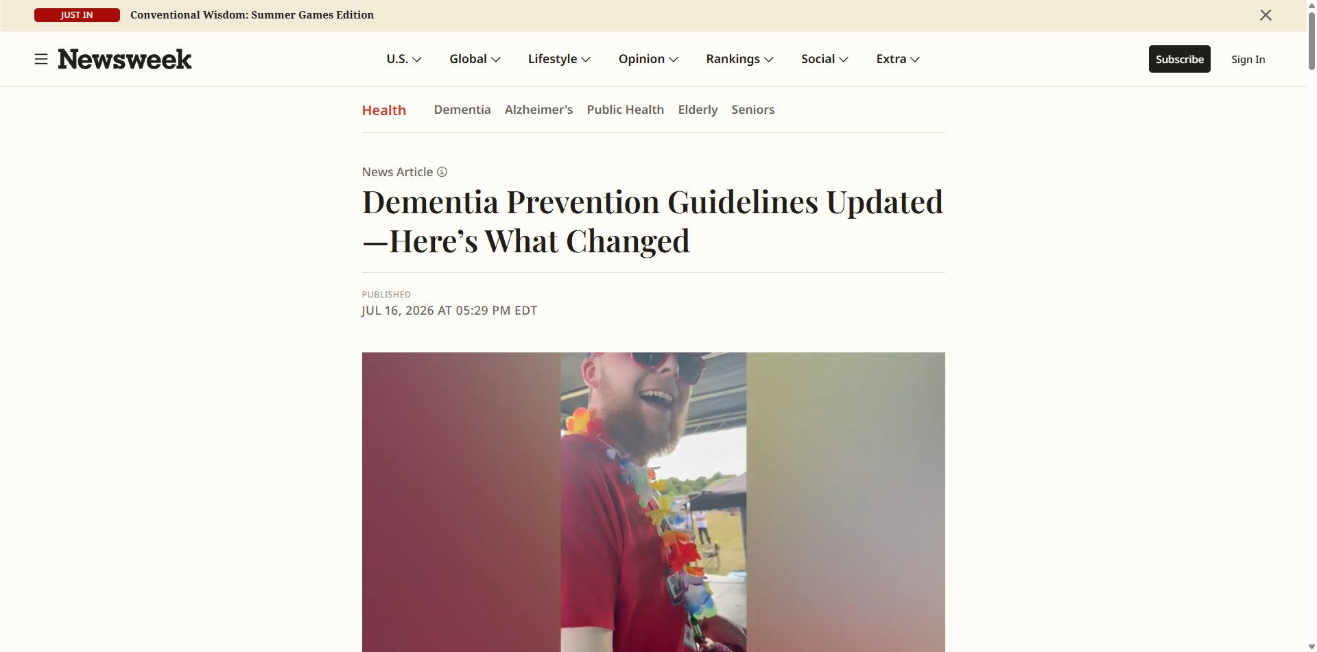 Newsweek article titled Dementia Prevention Guidelines Updated - Here's What Changed