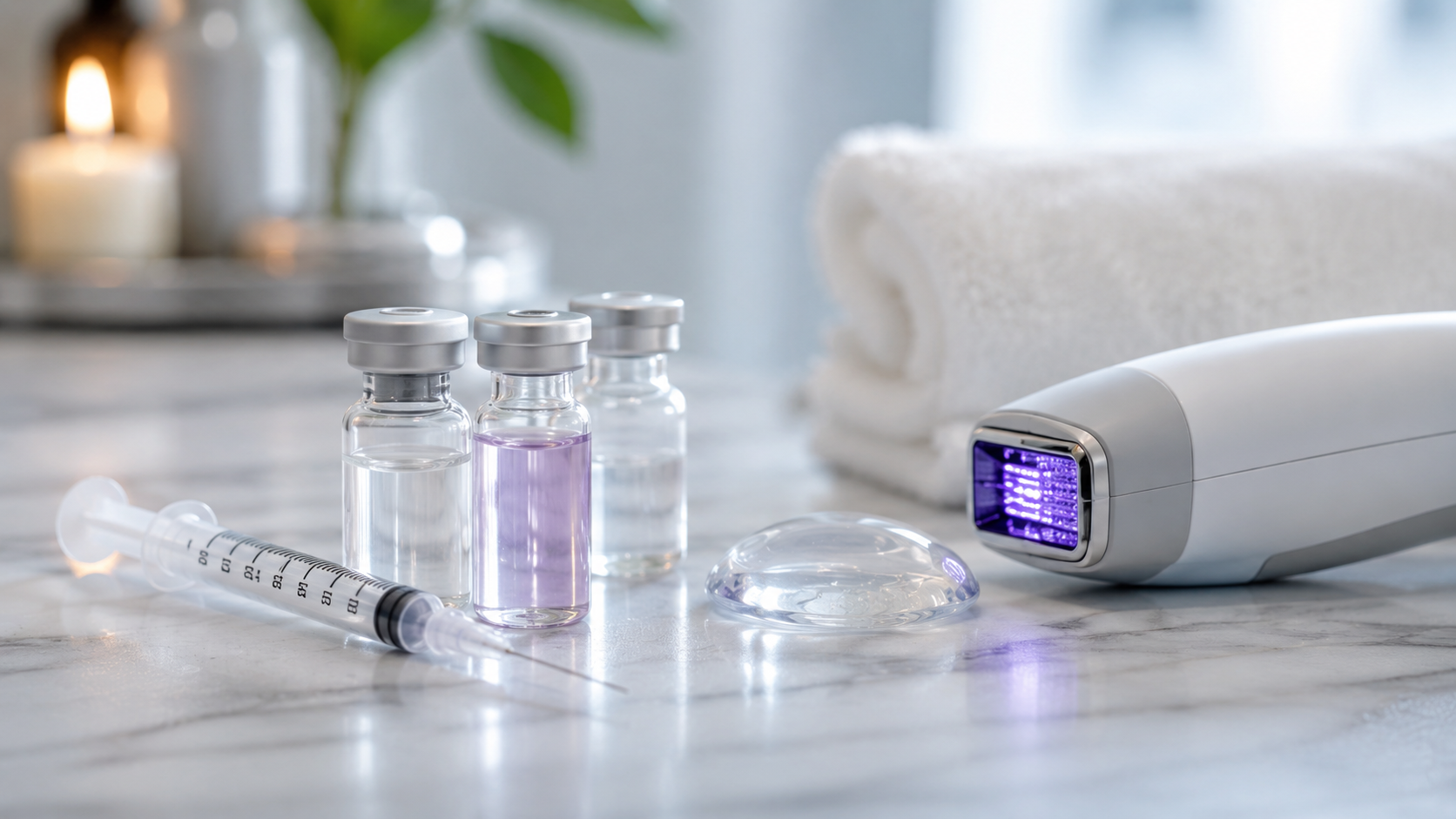 A syringe, three small serum vials, a silicone implant model, and an aesthetic laser device emitting a purple light arranged on a white marble surface next to a rolled towel and a lit candle.