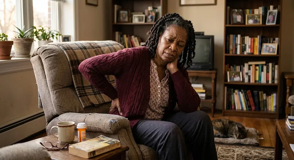 Older woman sitting in an armchair at home, grimacing in discomfort while holding her lower back.