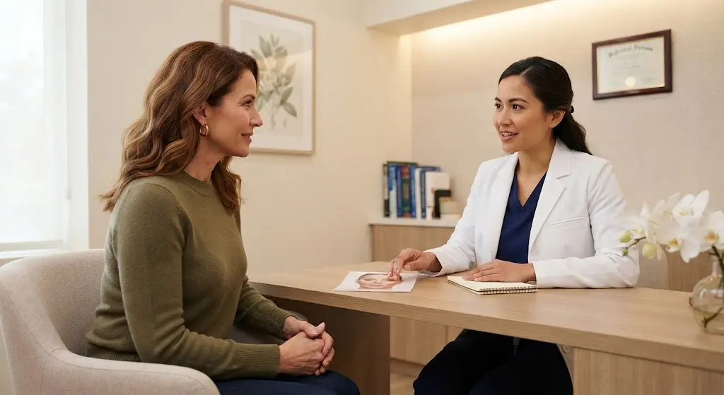 Female healthcare provider in a white coat discussing a cosmetic treatment with a patient during a consultation in a modern medical clinic.
