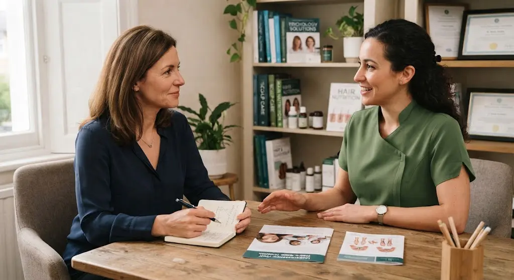 Hair restoration specialist in green scrubs discussing treatment options with a female patient, with hair care brochures on the table.