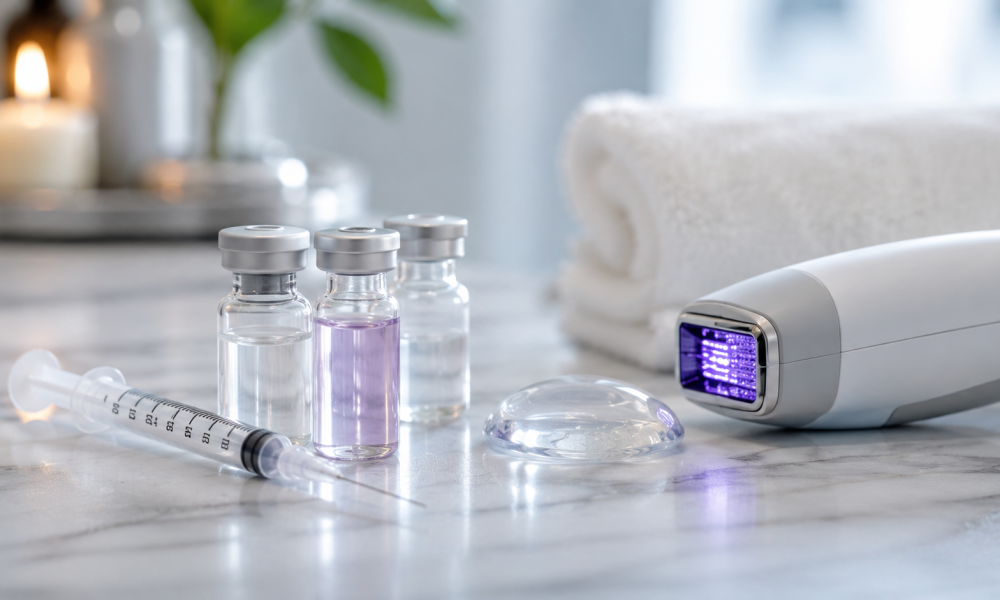 A syringe, three small serum vials, a silicone implant model, and an aesthetic laser device emitting a purple light arranged on a white marble surface next to a rolled towel and a lit candle.